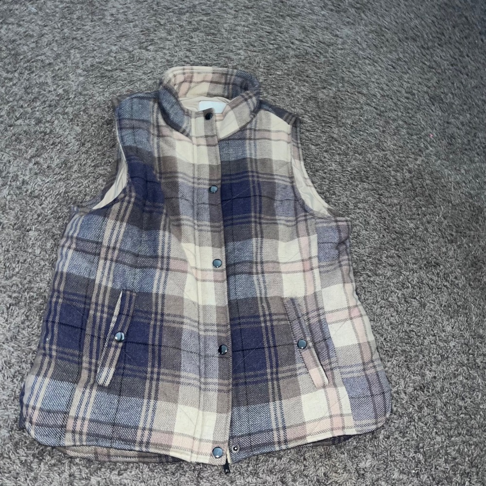 Thread & Supply Plaid Quilted Puffer Vest Blue Grey Snap Zip JKX2785 Womens L